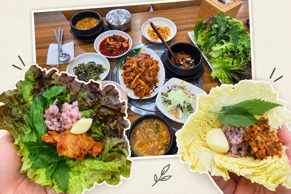 인천 가정동 똑순이네 우렁쌈밥의 제육쌈밥 한 상을 배경으로, 직접 만든 상추쌈과 배추쌈을 함께 배치한 콜라주 이미지.